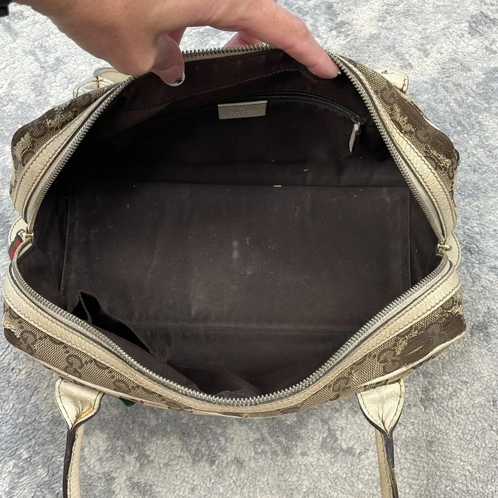 Vintage Gucci Princy GG Monogram Logo Sherry Line Web Shoulder Bag Tan Ivory